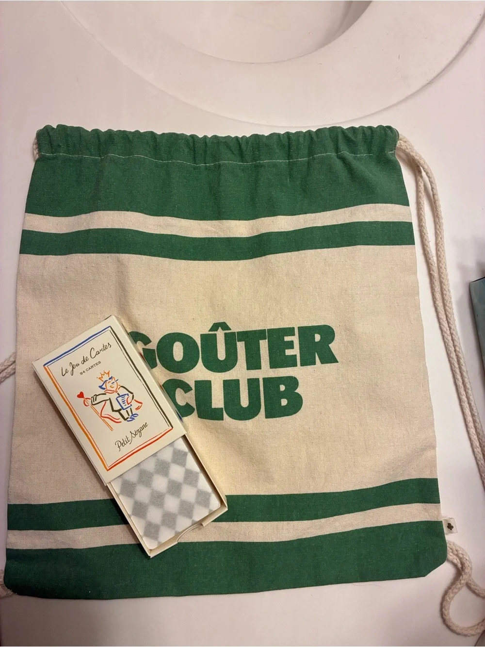 Green and Cream Drawstring Party Tote -